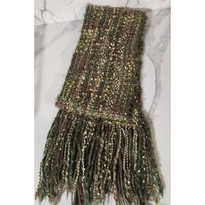 Handmade Chunky Knit Scarf Olive Green Burgundy Gold Metallic Fringe Boho Rustic